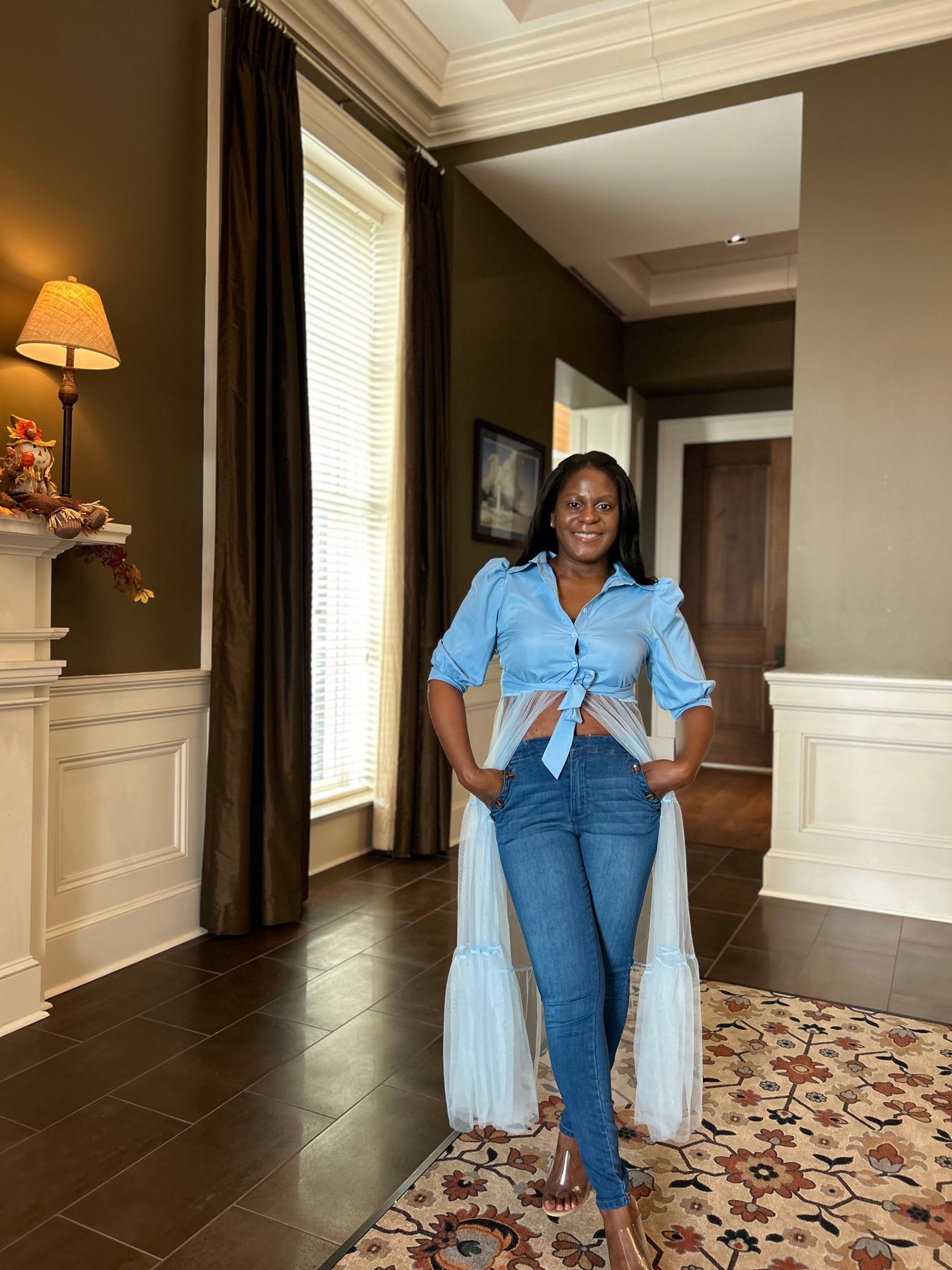 Sky Blue | Maxi Tunic Blouse Mesh Shirt Dress L (12-14) Sky Blue | Maxi Tunic Blouse Mesh Shirt Dress L (12-14)